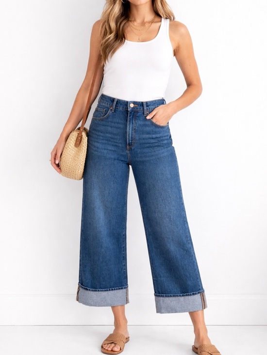 Talbots Denim - Talbots Loft Wide Leg Cropped Jeans Cuffed Hem High Rise Size 12 Cotton Relaxed